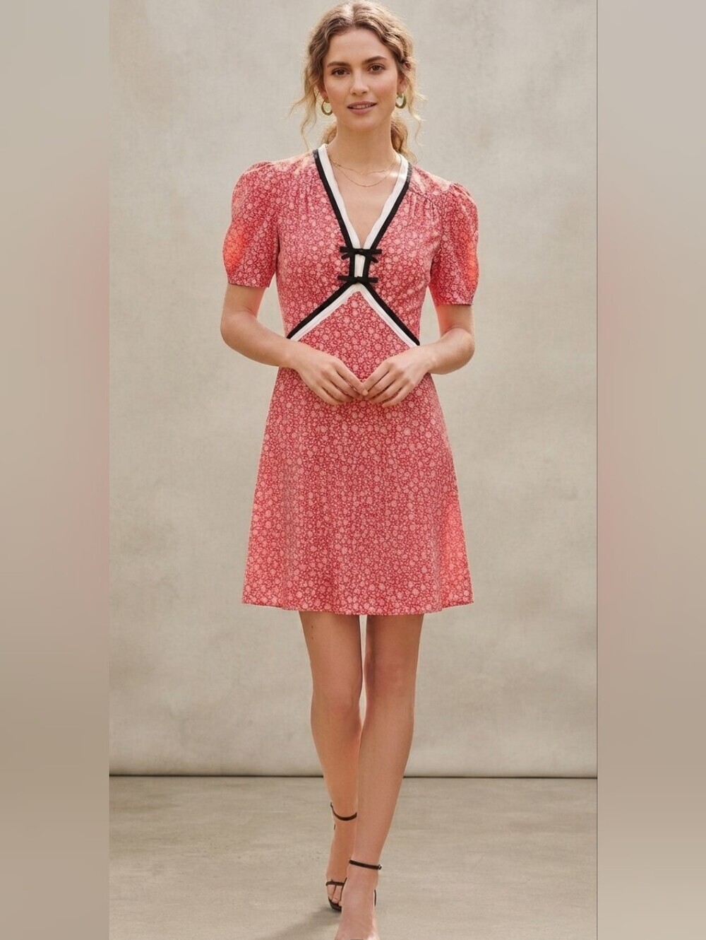 NWT MIU MIU Silk Mini Dress Red Floral Milkmaid Bow Detail Size 36/6